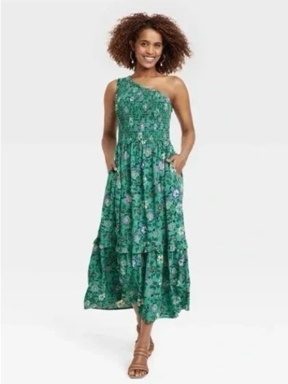 Knox Rose Floral One Shoulder Tiered Smocked Maxi Dress-Green-Women Size XL